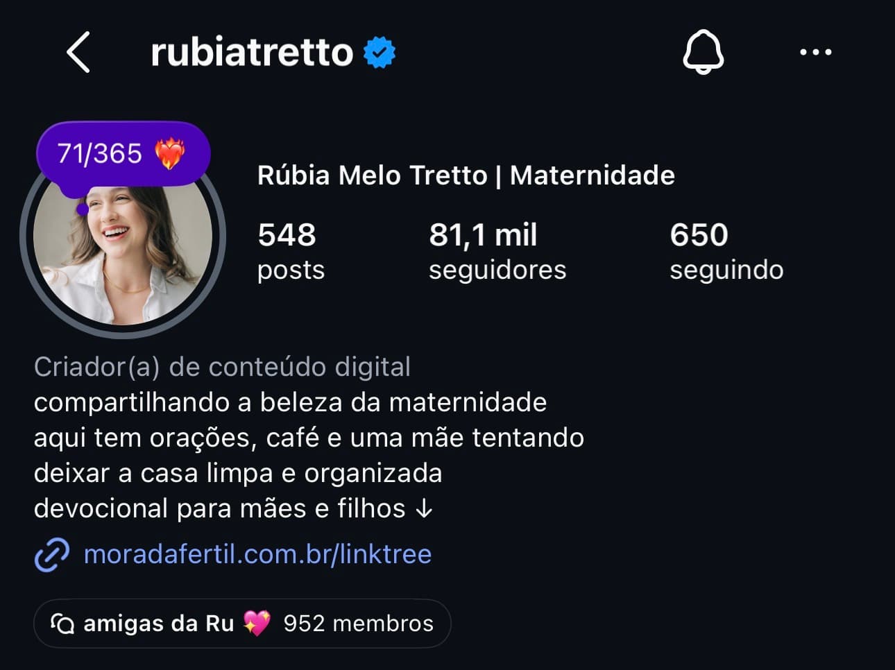 Perfil da Rúbia no Instagram, com 81,1 mil seguidores